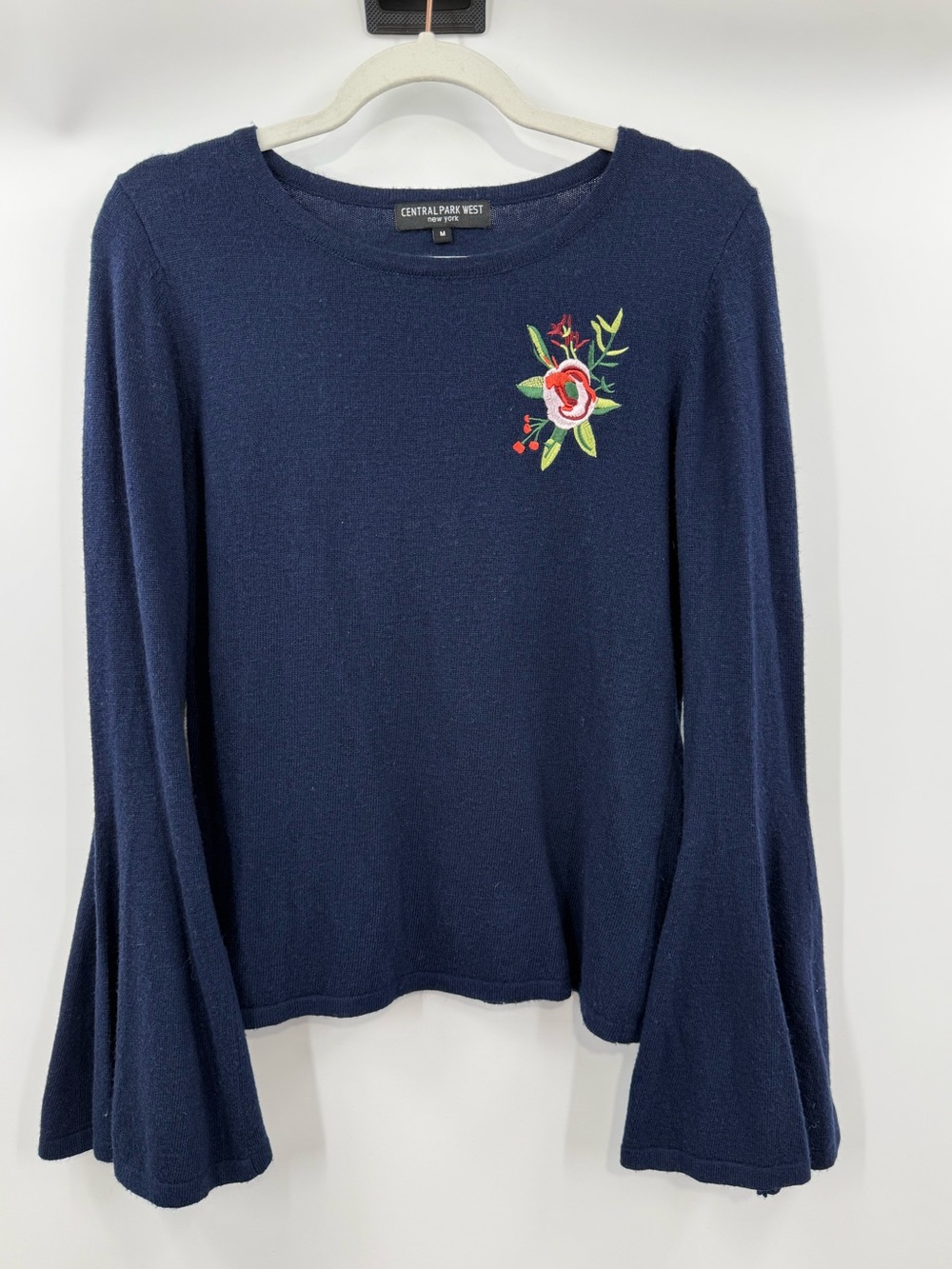 Central Park West Embroidered Floral Bell Sleeve Sweater Navy Blue Size Medium